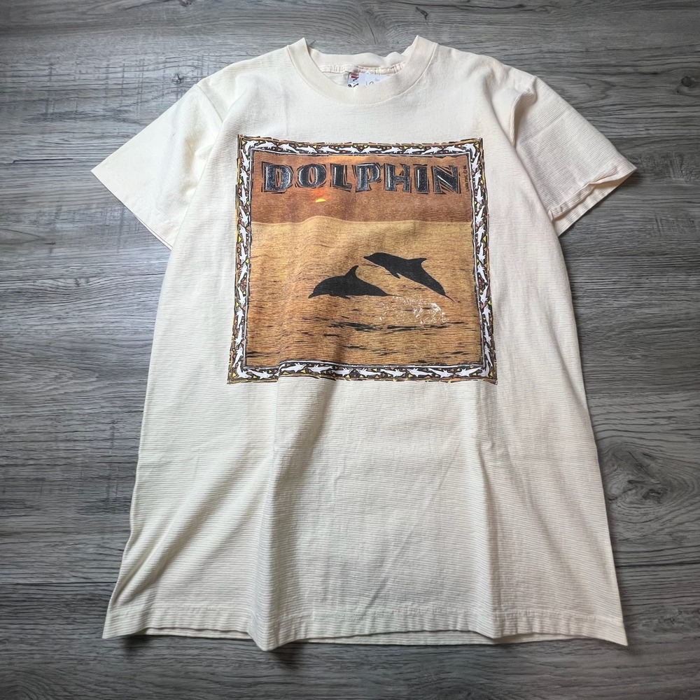 Nu Tex Dolphin T-Shirt Unisex Large Peach Ribbed Vintage 90s‎ Graphic Tee USA